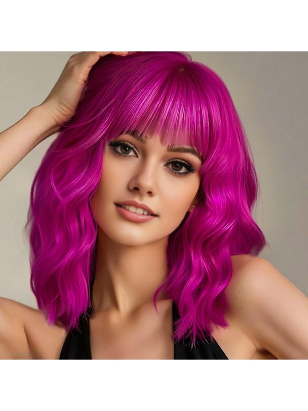 Women's AGO Rose Purple Short Wavy Bob Wig with Bangs 14 Inch Synthetic Hair